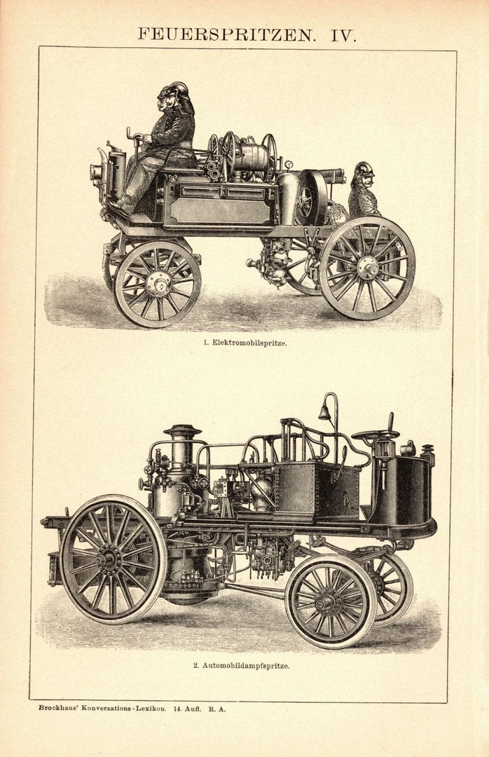 Feuerspritzen III-IV, Feuerwehr. Buchillustration (Stich) von 1897
