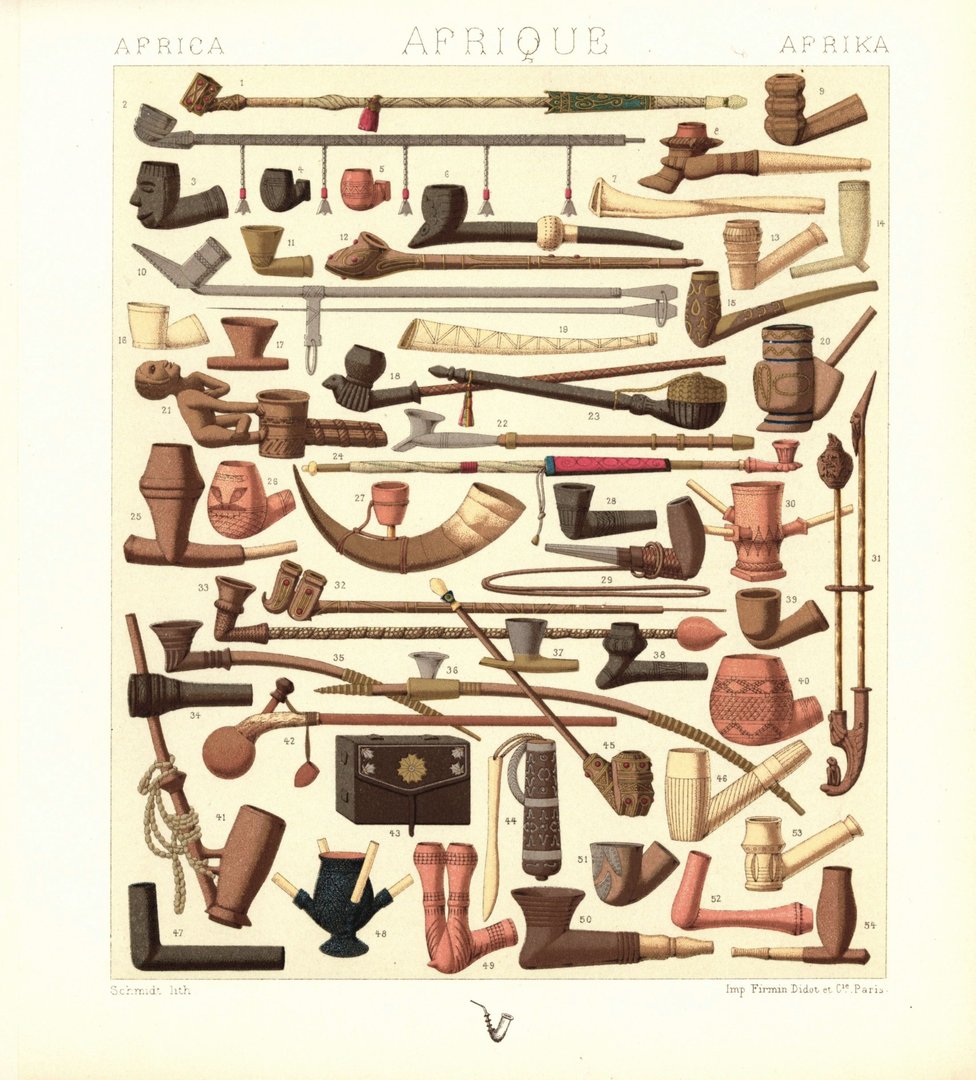 Afrika. Pfeifen, Zigarrenetuis, Rauchbesteck. Lithografie von 1888. (T74)