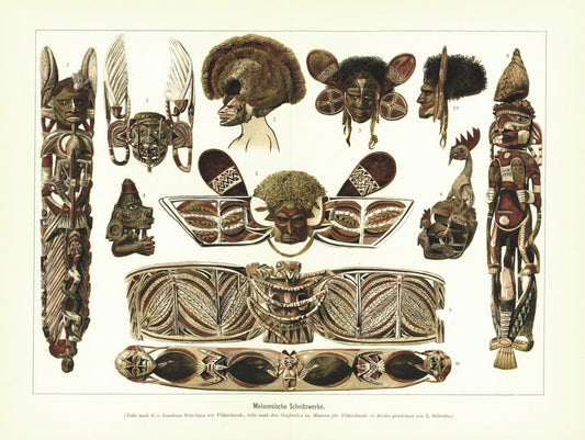 Melanesische Schnitzwerke. Lithografie von 1902