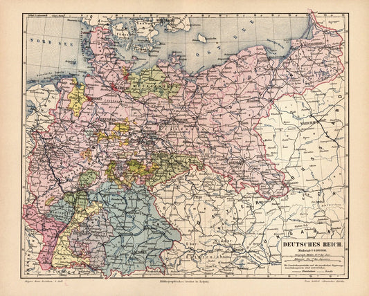 Deutsches Reich.  Alte Landkarte von 1889.
