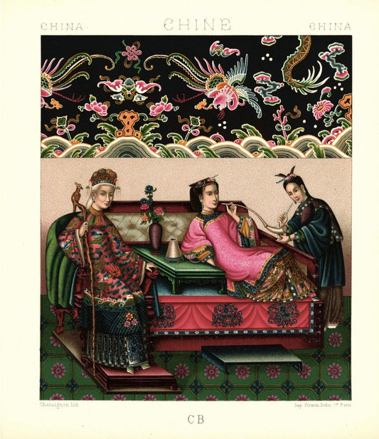 China. Die Kaiserin, Möbel, Stickerei. Lithografie von 1888. (T86)