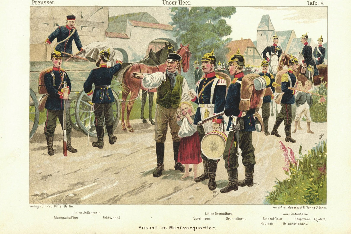 Ankunft im Manöverquartier, Unser Heer, Preußen. Lithografie von 1894