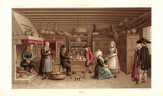 Frankreich. Bretagne, Wohnhaus, Innenraum,. Volkstrachten. Lithografie von 1888. (T499)