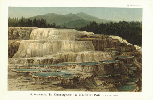 Sinterterasse des Mammutgeisers im Yellowstone-Park. Lithografie von 1895