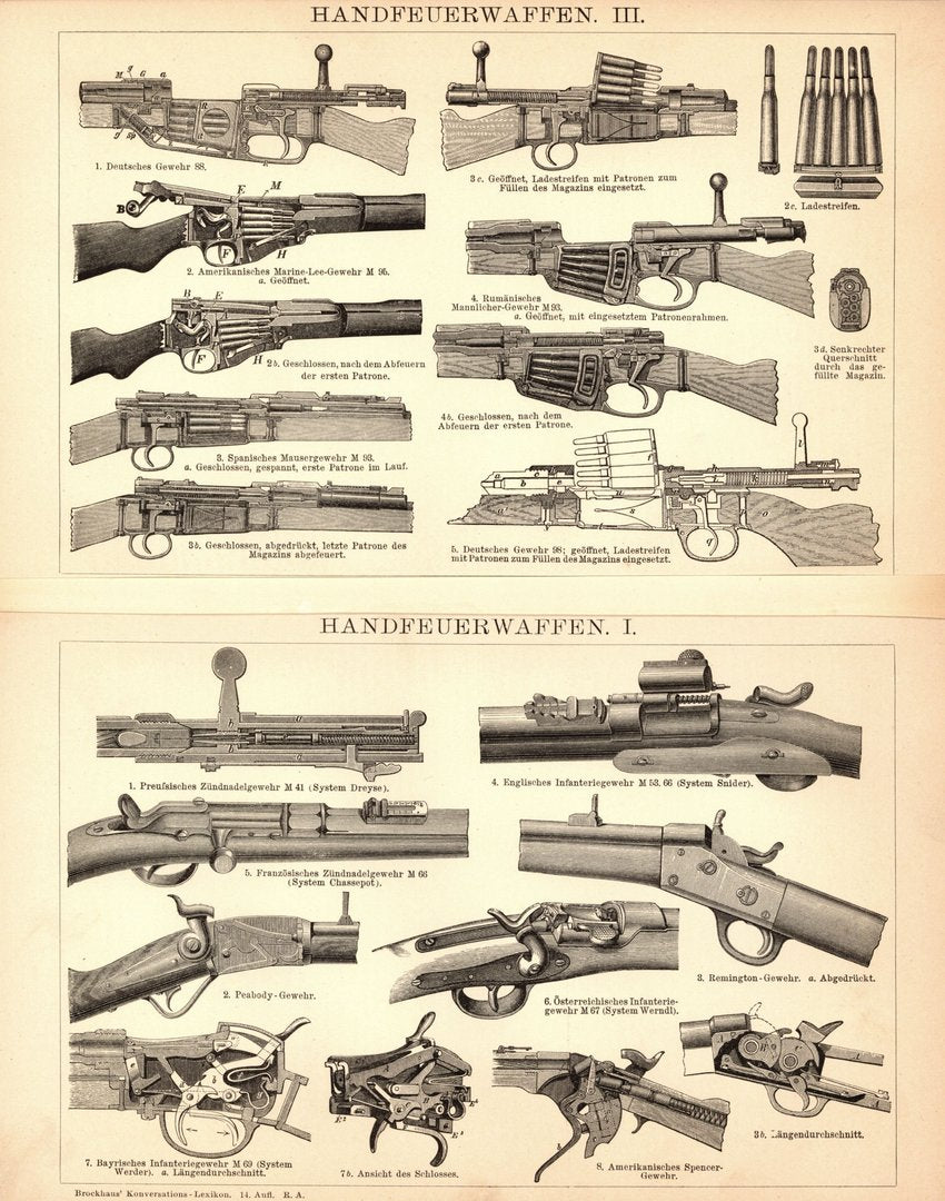 Handfeuerwaffen I-III. Buchillustration (Stich) von 1897