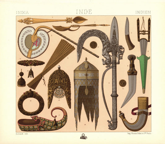Indien. Waffen, Helme, Dolche, Schmuck. Lithografie von 1888. (T121)