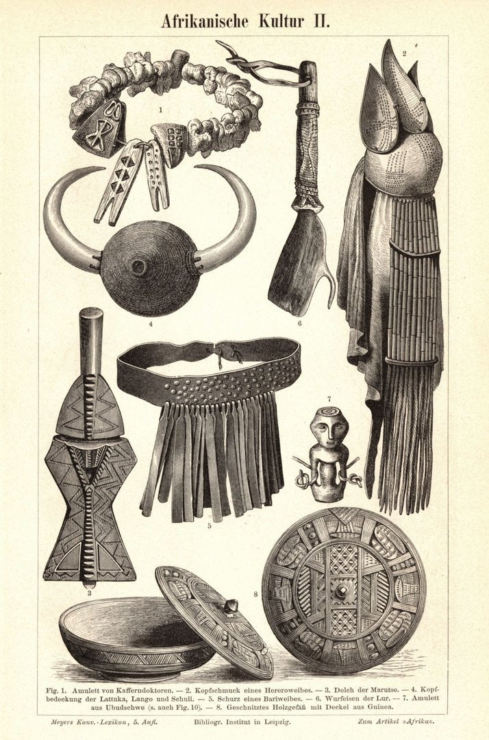 Afrikanische Kultur. Buchillustration (Stich) von 1893