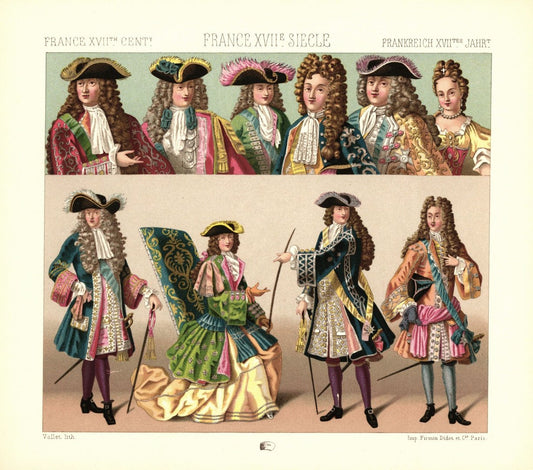 Frankreich. Haartrachten und Kleidung des Adels. 17. Jhd. Lithografie von 1888. (T351)