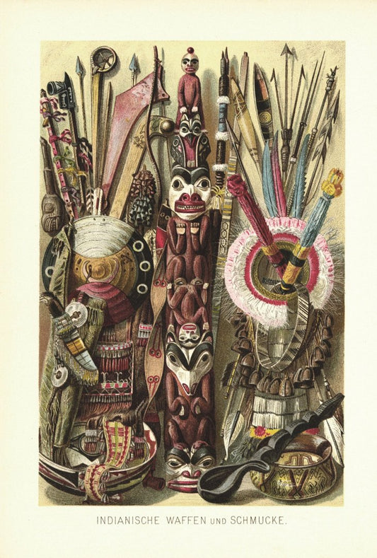 Indianische Waffen und Schmuck. Lithografie von 1886