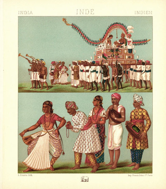 Indien. Hochzeitswagen. Kulis, Standarten, Tänzerinnen. Lithografie von 1888. (T125)