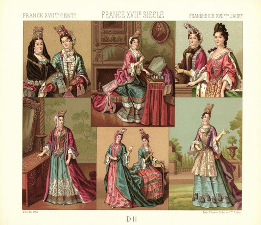 Frankreich. Ausgehkleidung, Hauskleidung, Prunkkleidung Ende 17.Jhd. Lithografie von 1888. (T355)