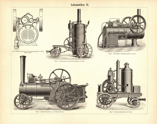 Lokomobilen. Buchillustration (Stich) von 1896