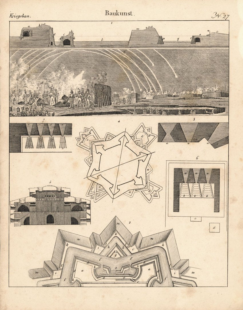 Kriegsbau, Baukunst. Nr. 27.Festungsbau. Lithografiertes Blatt von 1830.