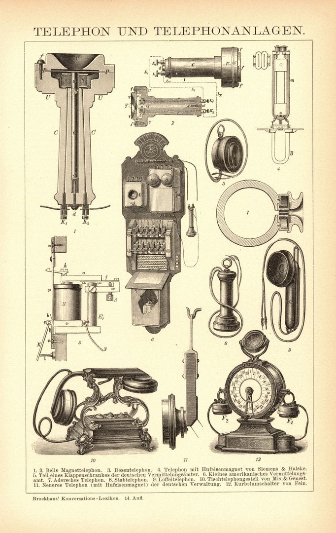 Telefon und Telefonanlagen. Buchillustration (Stich) von 1897