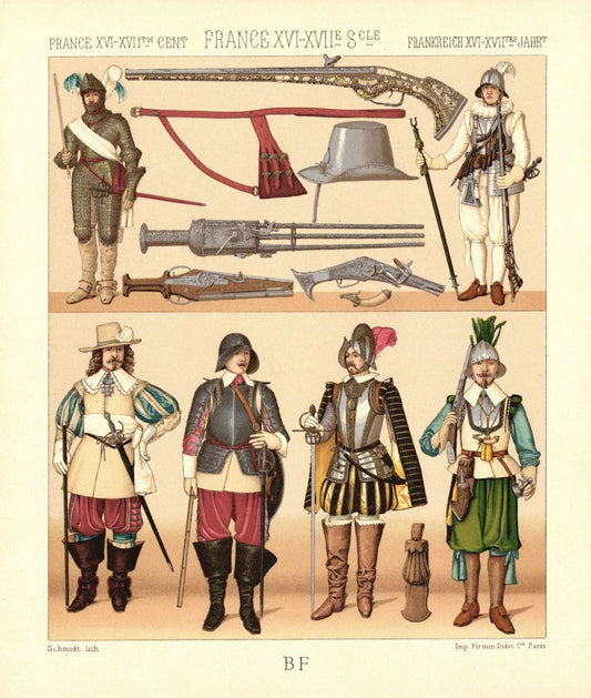 Frankreich. Militärkleidung, Waffen, Ausrüstungsdetails 16.-17. Jhd. Lithografie von 1888. (T301)