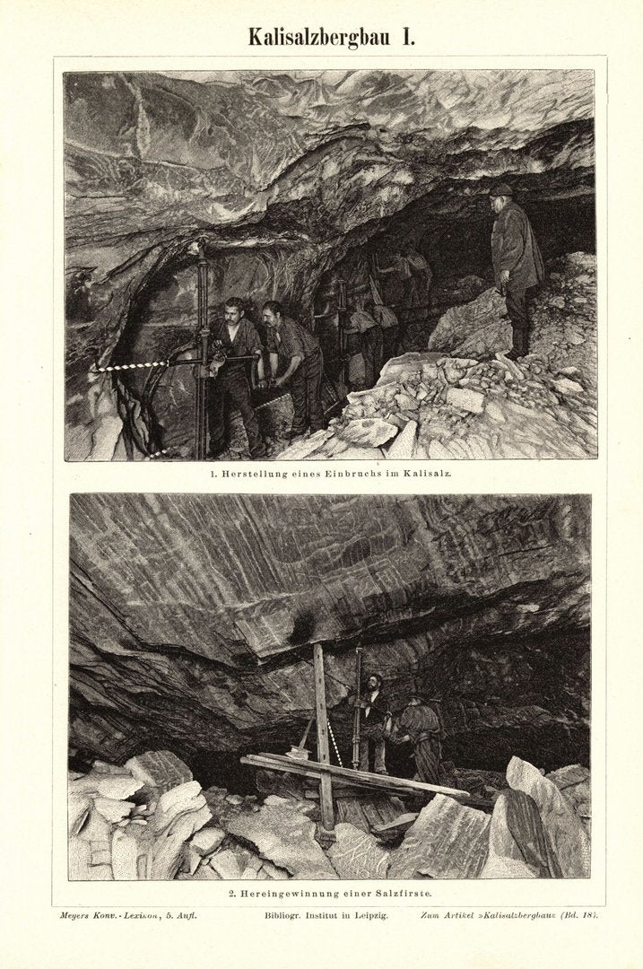 Kalisalzbergbau . Buchillustration (Stich) von 1898
