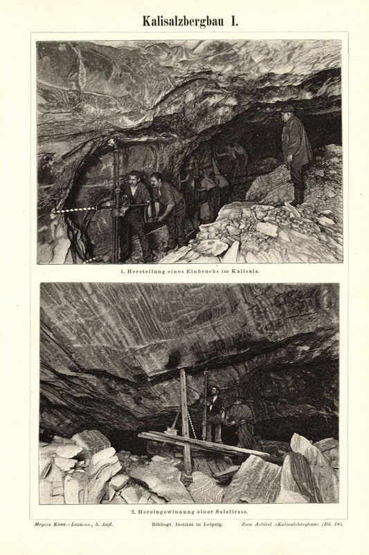 Kalisalzbergbau . Buchillustration (Stich) von 1898