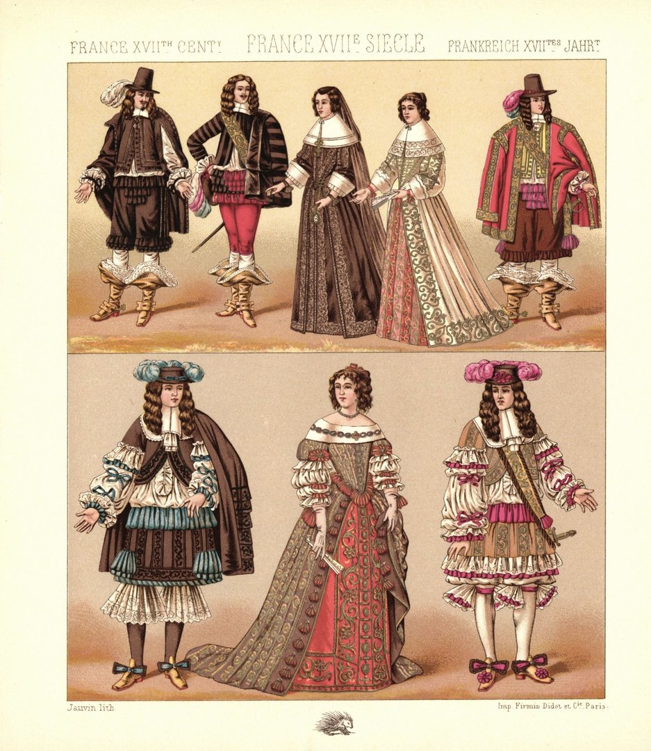 Frankreich. 1646-1670. Kleidung des Adels, Edelmänner, Page. Lithografie von 1888. (T340)