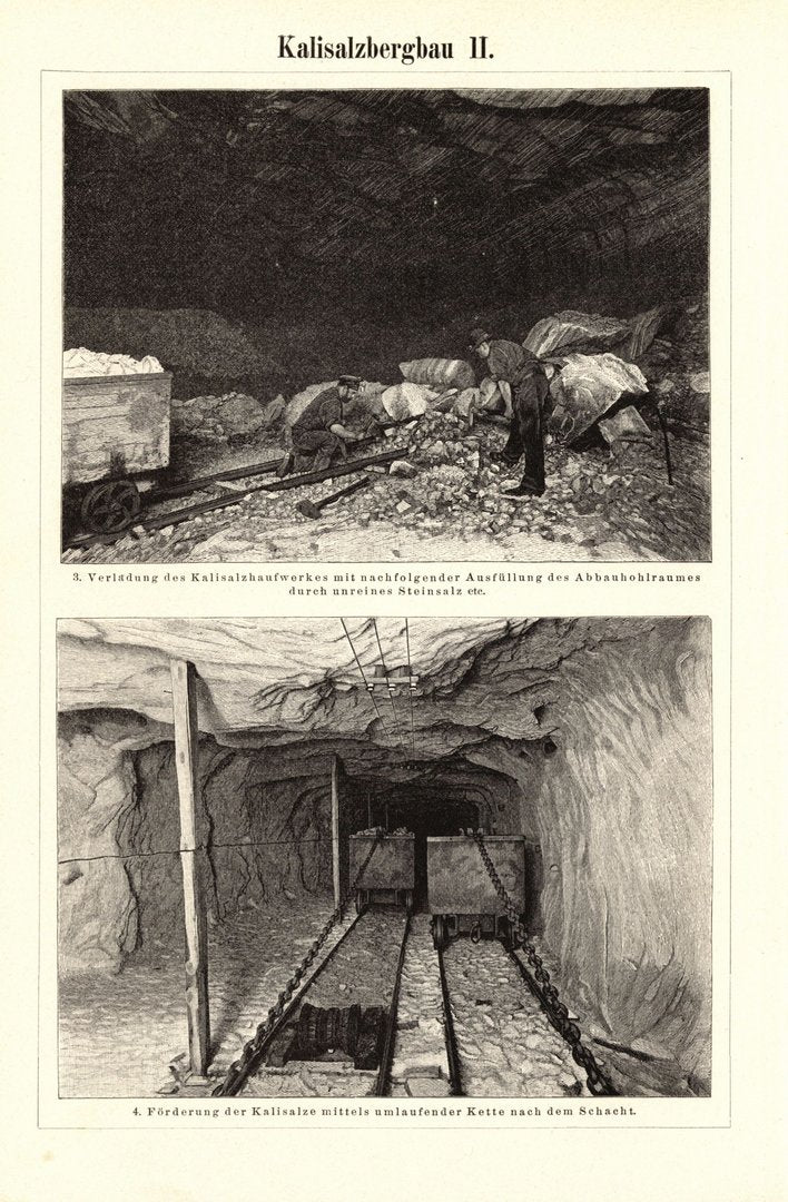 Kalisalzbergbau . Buchillustration (Stich) von 1898