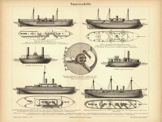 Panzerschiffe. Buchillustration (Stich) von 1877