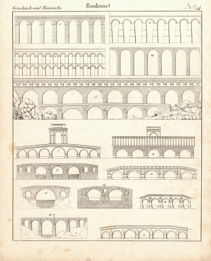 Griechische und Römische Baukunst Nr. 14, Brücken. Lithografiertes Blatt von 1830.