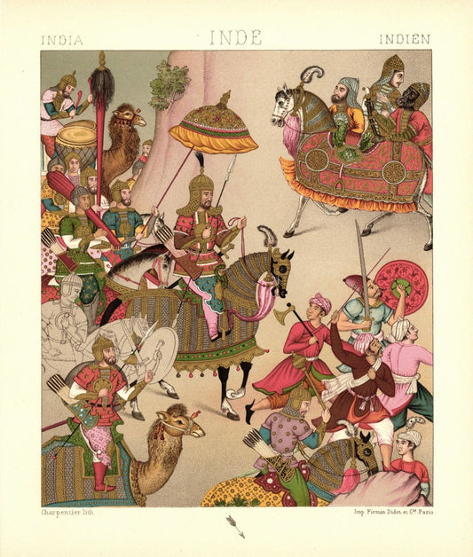 Indien. Kriegskleidung aus dem 16. Jhd. Lithografie von 1888. (T119)