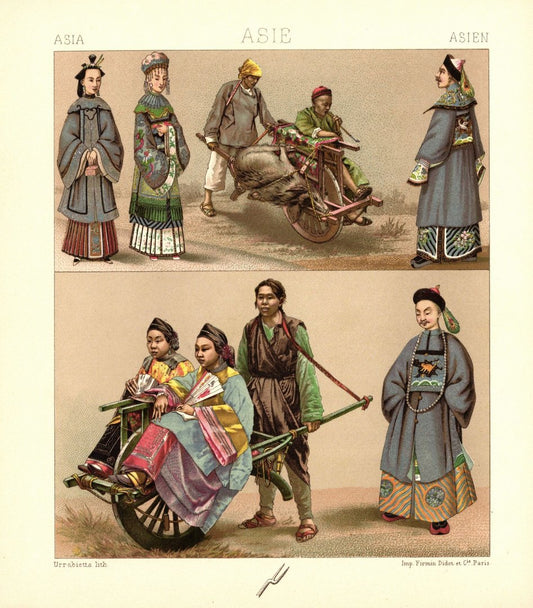 China. Höhere Schichten, Mittelschichten, Arbeiterschicht. Lithografie von 1888. (T88)