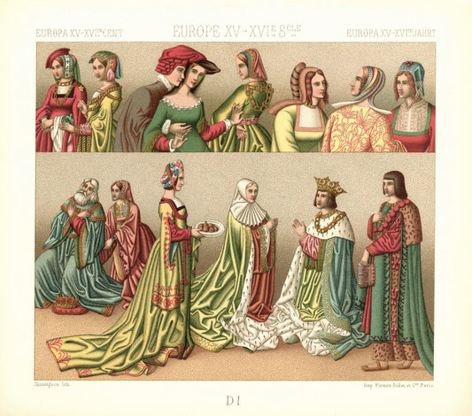 Europa. Großes Trauergewand, Frauenkleidungsstücke, 15.-16. Jhd. Lithografie von 1888. (T251)