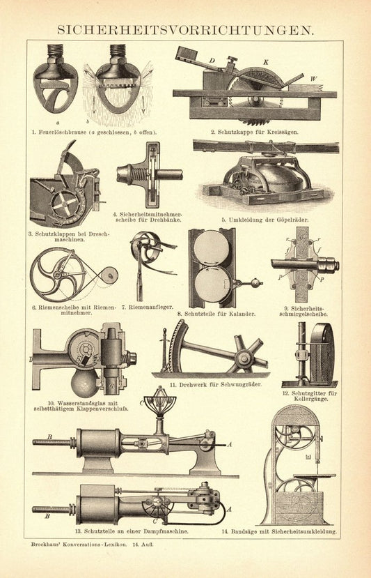 Sicherheitsvorrichtungen. Buchillustration (Stich) von 1897