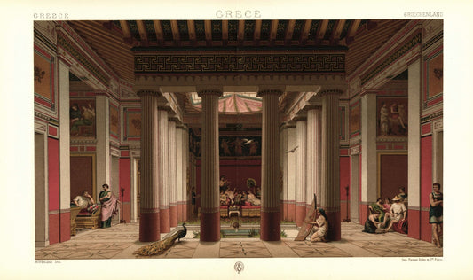 Griechenland. Hauptraum eines reichen Athener Hauses 5. Jhd. v.Chr. Lithografie von 1888. (T27)