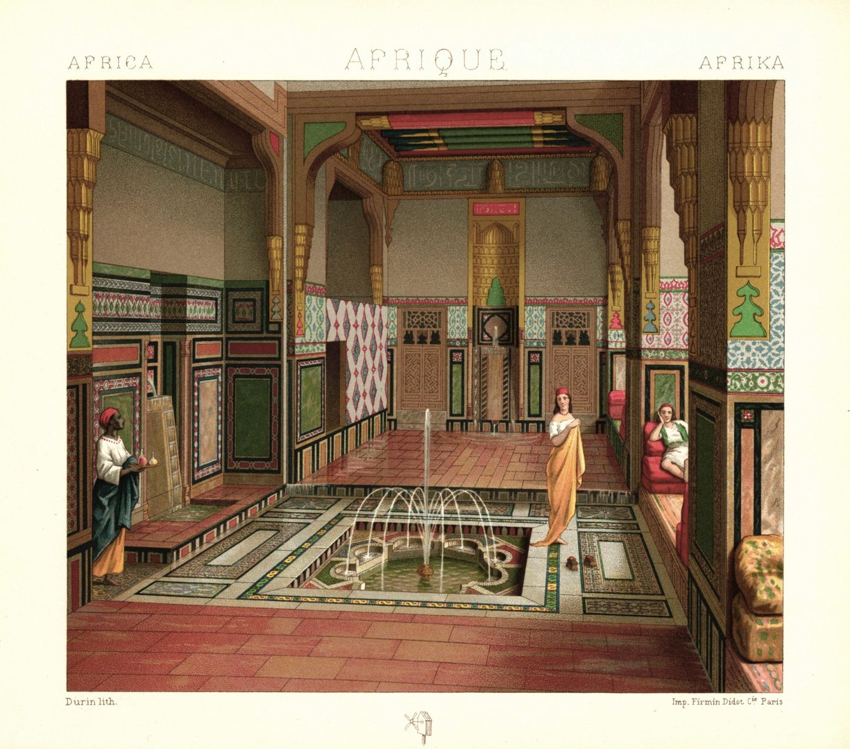 Afrika. Ägypten. Innere eines Wohnhauses von Wohlhabenden in Kairo. Lithografie von 1888. (T166)