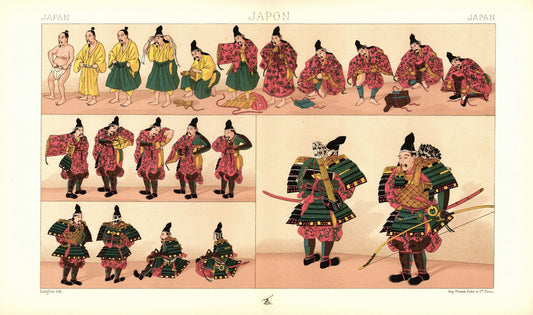 Japan. Antiker Infanterie-Bogenschütze. Kriegsharnisch. Lithografie von 1888. (T94)