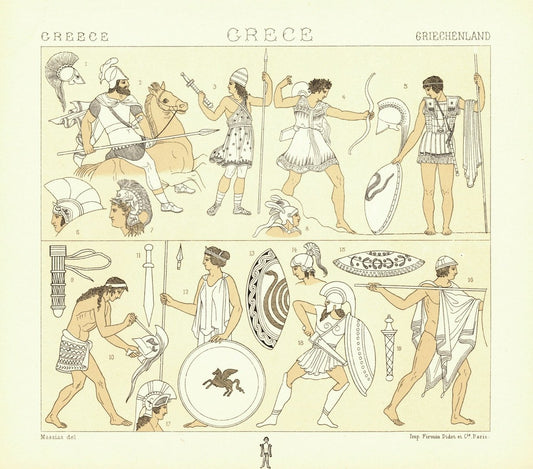 Griechische Kriegskleidung.  Grafik von 1888