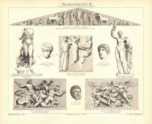 Bildhauerkunst III. Olympia und Pergamon. Griechisch. Buchillustration von 1893