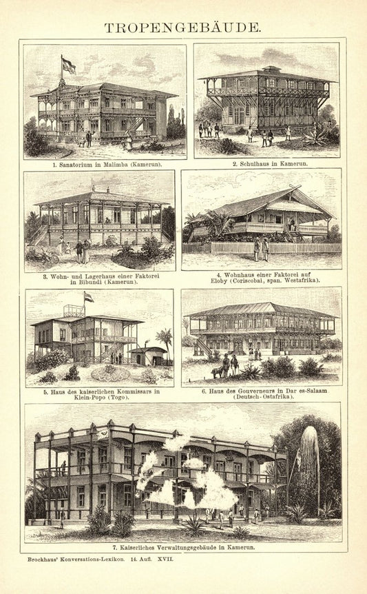 Tropengebäude. Buchillustration (Stich) von 1897