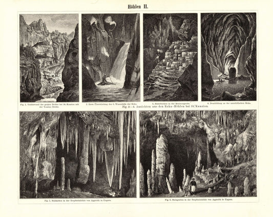 Höhlen. Buchillustration (Stich) von 1898