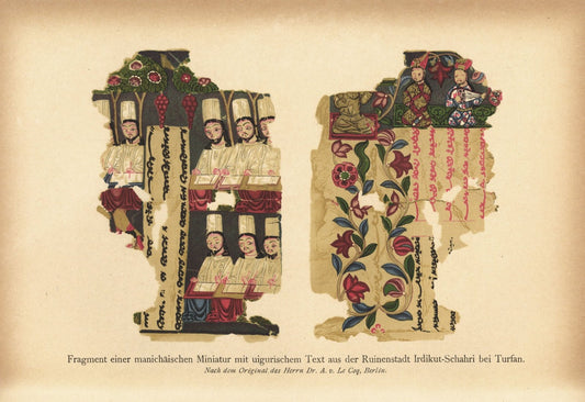 Fragment einer manichaischen Miniatur mit uigurischem Text. Lithografie von 1920