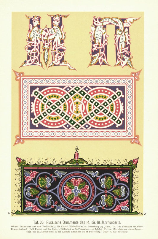 Russische Ornamente des 14. bis 16. Jahrhunderts. Lithografie von 1905