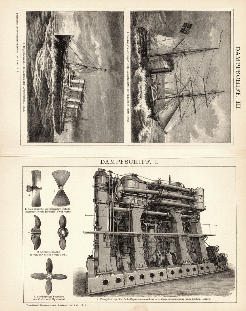 Dampfschiff. Buchillustration (Stich) von 1897