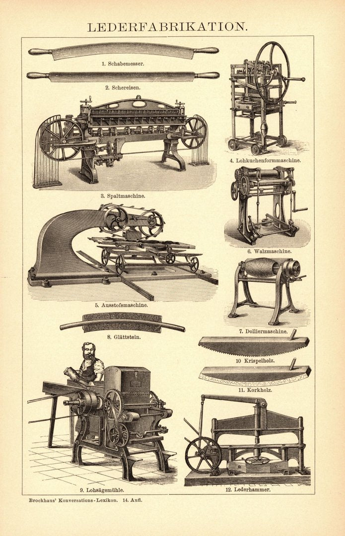 Lederfabrikation. Buchillustration (Stich) von 1897