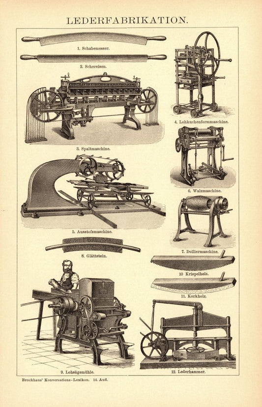Lederfabrikation. Buchillustration (Stich) von 1897
