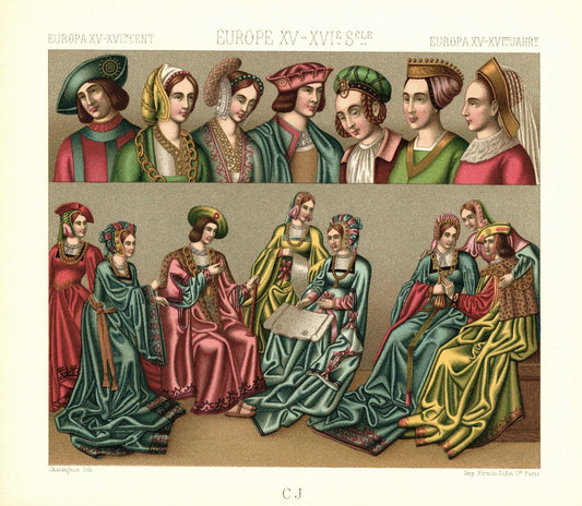 Europa. 15.-16. Jhd. Prunkkleider. Lithografie von 1888. (T250)