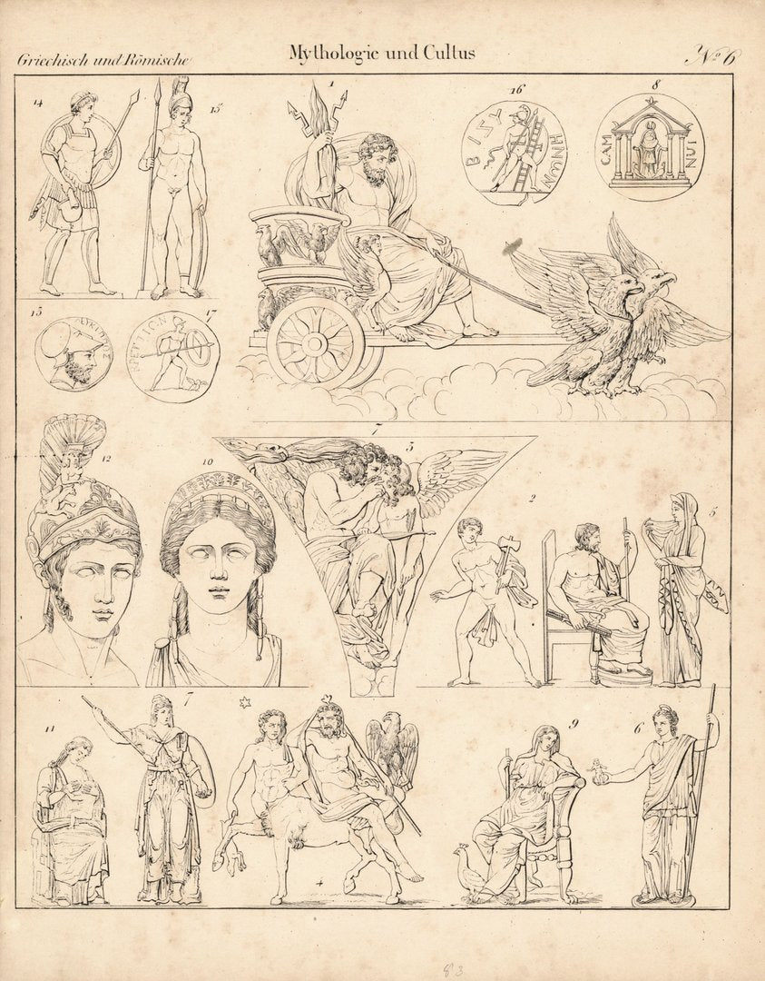 Mythologie und Cultus. Nr.6, Griechisch und Römisch. Lithografiertes Blatt von 1830.