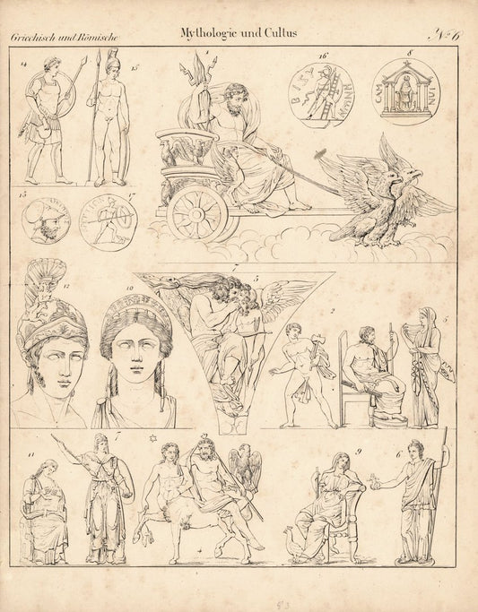 Mythologie und Cultus. Nr.6, Griechisch und Römisch. Lithografiertes Blatt von 1830.