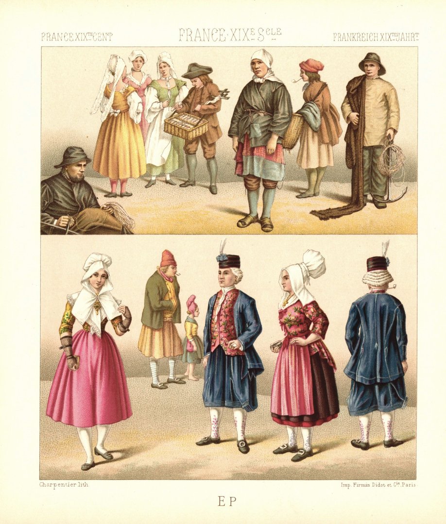 Frankreich. Küstengebiet des Ärmelkanals, Küstenbewohner. 18., 19. Jhd. Lithografie von 1888. (T489)
