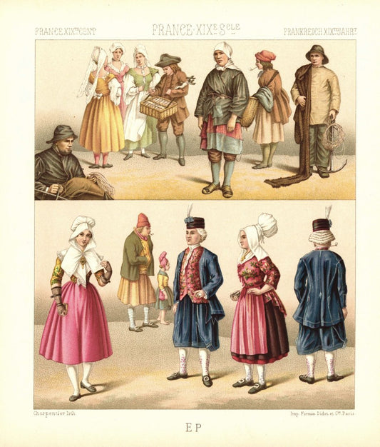Frankreich. Küstengebiet des Ärmelkanals, Küstenbewohner. 18., 19. Jhd. Lithografie von 1888. (T489)