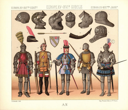 Frankreich. 15.-16. Jhd. Kriegsuniformen, militärischer Prunk. Lithografie von 1888. (T253)