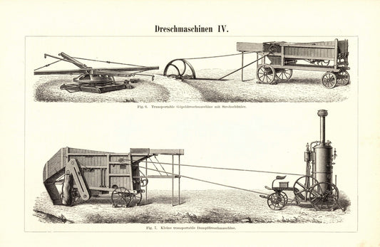 Dreschmaschinen III-IV. Buchillustration (Stich) von 1895