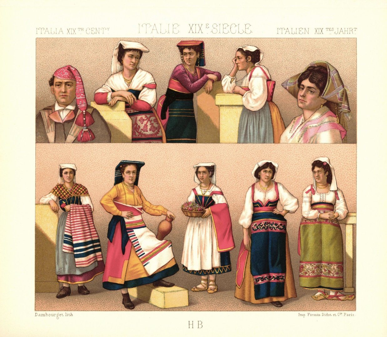 Italien. Provinz Rom und Ancona, Barretino, Contadini u.a. 19.Jhd . Lithografie von 1888. (T467)