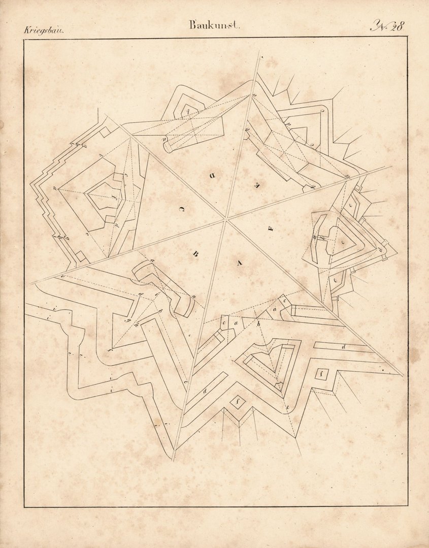Kriegsbau, Baukunst. Nr. 28. Festungsbau. Lithografiertes Blatt von 1830.